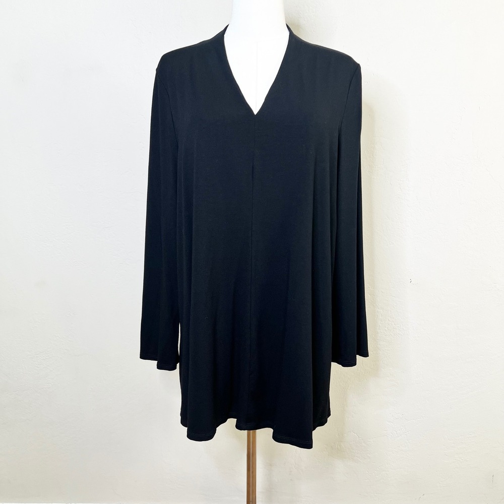 Eileen Fisher Black Viscose Spandex V-Neck Long Sleeve Tunic Top Medium?
